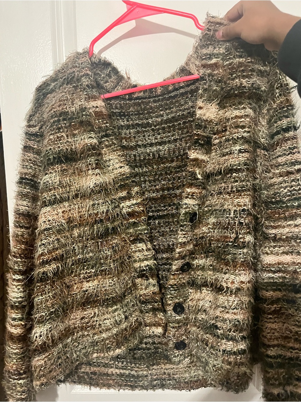 SHEIN Fuzzy Striped Knit Cardigan in Brown and Green Tones